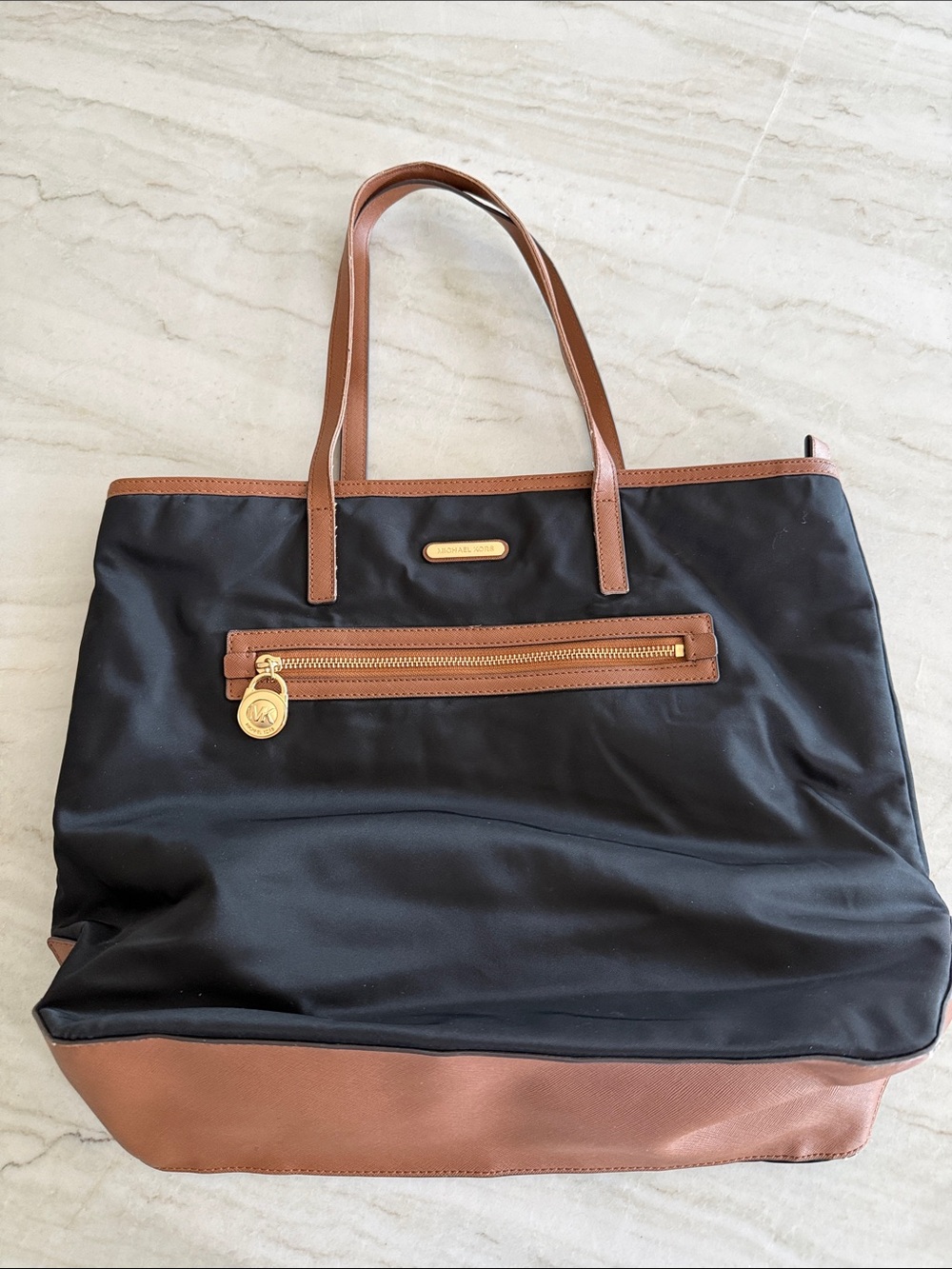 Michael Kors Black Nylon Tote with Brown Leather Trim